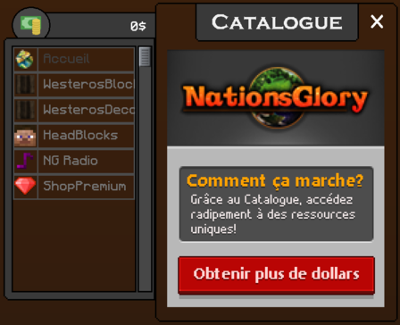 Page d'accueil du catalogue NationsGlory avec le ressource pack 32x de Viking Armement